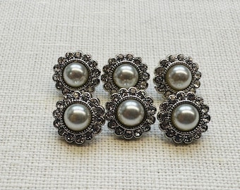 Pearl Buttons Bridal Evening Wear 12mm Rhinestone Metal Shank Back – Set of Six