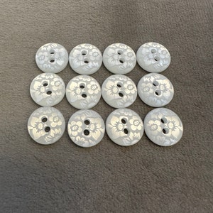 Floral buttons white etched design 12mm a set of 12