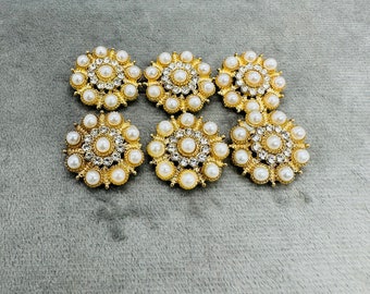 Faux pearl buttons in a gold tone and diamante setting 20mm a set of 6