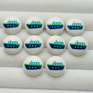Boat Picture Buttons: Blue & Green Nautical Charms (Set of 10, 15mm)