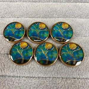 Enamel buttons moonlight with tree in blues and gold 17mm a set of 6 image 1