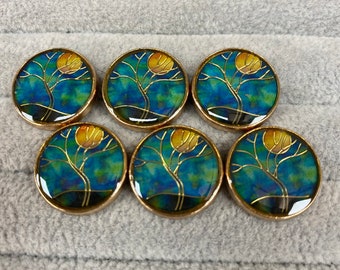 Enamel buttons moonlight with tree in blues and gold 17mm a set of 6
