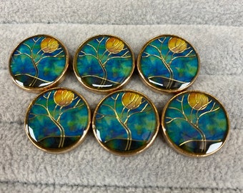 Moonlight buttons blue and gold-tone 17mm a set of 6 metal and enamel.