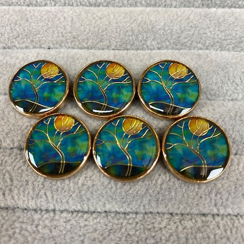 Enamel buttons moonlight with tree in blues and gold 17mm a set of 6