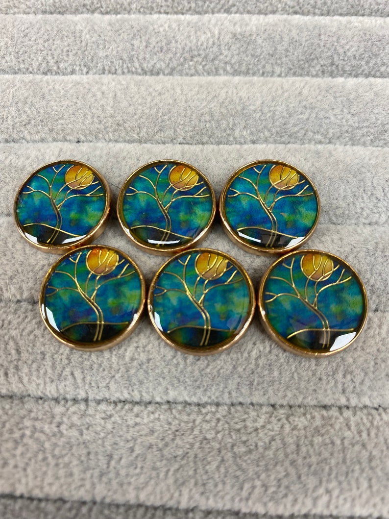 Enamel buttons moonlight with tree in blues and gold 17mm a set of 6 image 1