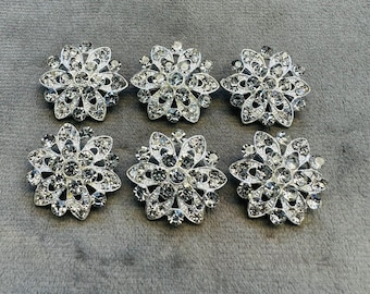 Rhinestone buttons silver in a silver tone metal setting 22mm a set of 6