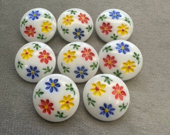 Vintage glass buttons bright flowers on white 18mm a set of 8