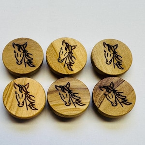 Laser Etched Wooden Horse Buttons: 15mm Set of Six