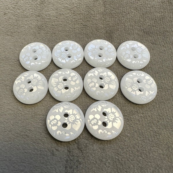 Floral buttons white etched design 15mm a set of 10 buttons