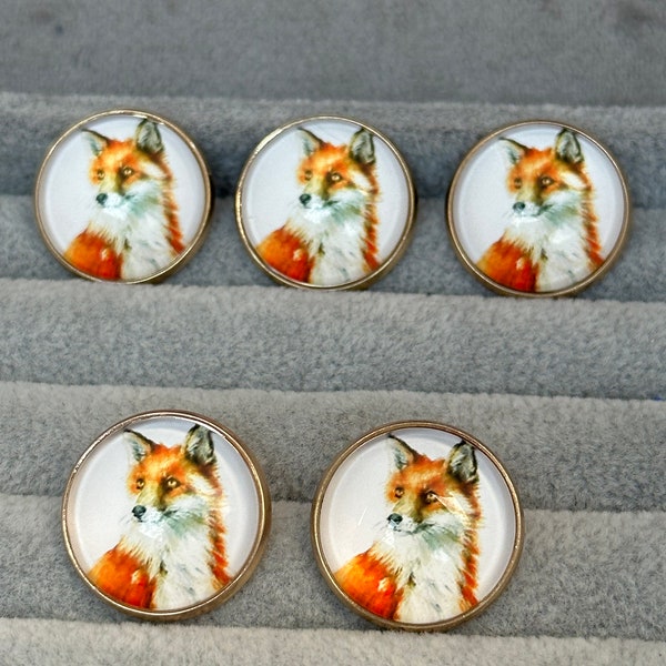 Fox buttons art style in glass and metal 21mm a set of 5