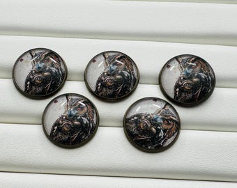 スチームパンクなフクロウのボタン 22mm ガラスと金属のシャンク付き 5個セット