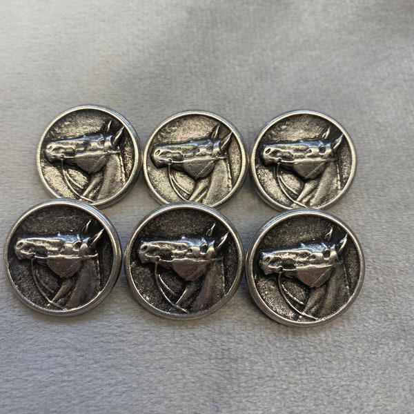 Metal horse buttons aged silver effect 20mm a set of 6