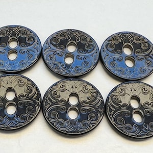 Black buttons 34mm a set of six with gold tone highlights