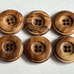 Olive Wood Buttons: 28mm Polished Natural Finish, Raised Border - Set of 6