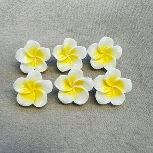 Puede incluir: Seis tiradores de cajón de cerámica blanca con centros amarillos. El diseño de la flor se asemeja a una plumeria o frangipani.