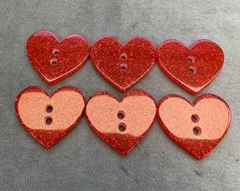 Glitter heart buttons red opaque effect 32mm a set of 6