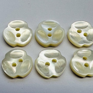 May include: Six pearlescent, flower-shaped buttons with two holes each. The buttons have a subtle, iridescent sheen and a textured surface, arranged in two rows of three on a light grey background. These decorative buttons are ideal for sewing and craft projects.