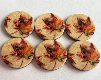 Maple Leaf Buttons: Autumn Tones, Faux Wood, 23mm - Set of 6