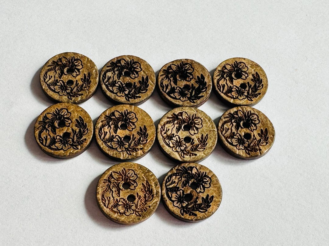Floral Etched Coconut Shell Buttons: Sustainable Sewing, Set of 10 - Etsy