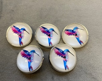 Hummingbird buttons glass and metal 21mm a set of 5
