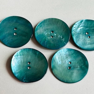 Turquoise buttons 34mm in iridescent eco Agoya shell, two-hole sew-through. Sold as a set of five buttons. Jackets, knitwear, sustainable