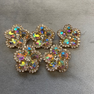 Rhinestone buttons rainbow flower design in a metal setting 24mm a set of 5