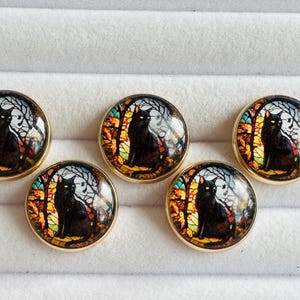 Black Cat Glass Buttons 22mm: Woodland Design, Gold Tone - Set of 5
