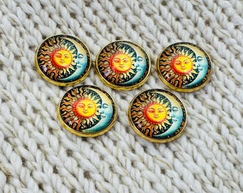 Sun and Moon buttons 22mm glass and metal for jackets, cardigans a set of 5