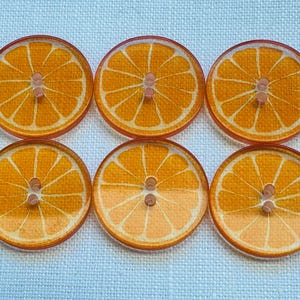 May include: Six circular buttons, each depicting an orange slice. The buttons have a translucent quality and a detailed orange segment design. They are arranged on a white fabric background. Each button has a central hole.