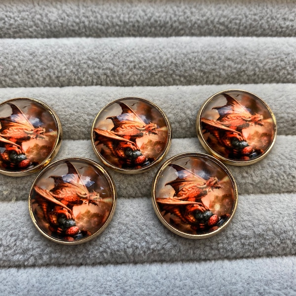 Dragon buttons glass set in metal 21mm a set of 5