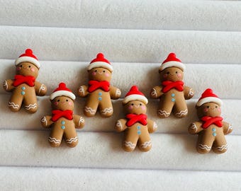 Gingerbread Man Christmas Buttons: Santa Hat, Scarf - Set of 6