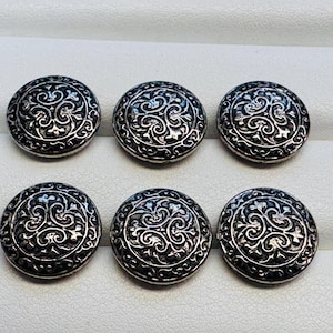 Metal buttons 15mm aged-silver-tone vintage design on a shank a set of six