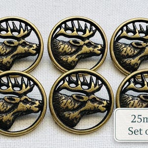 Botones de ciervo de metal, vástago en tono bronce, juego de 6 (25 mm)