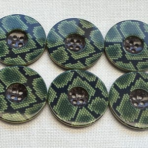 Puede incluir: Un conjunto de seis botones redondos con un patrón de piel de serpiente en verde y negro. Cada botón tiene un centro hundido con cuatro agujeros para su fijación, mostrando una textura de escamas consistente en la superficie circular.