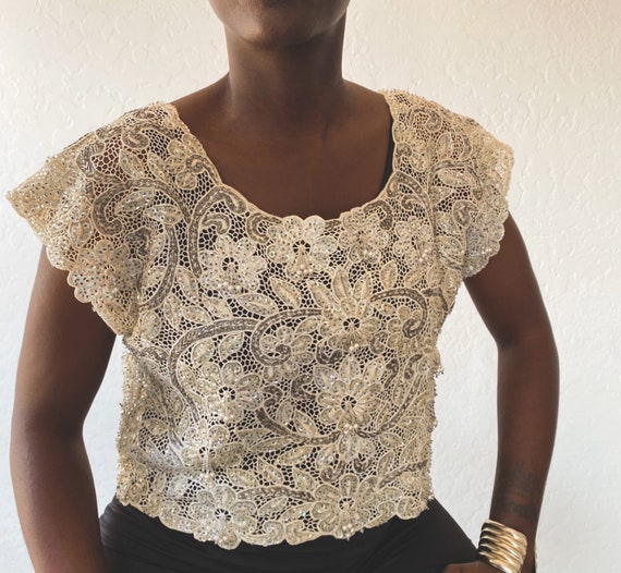 Vintage Embellished Cropped Lace Top