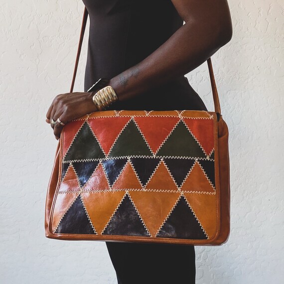 Vtg Leather Patchwork Messenger Bag