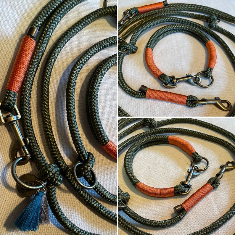 May include: Three green and orange rope dog collars and leashes with brass hardware. The collars and leashes are made of thick, durable rope.