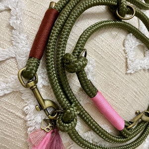 May include: A green, brown, and pink rope dog leash with a brass clasp and a pink tassel.