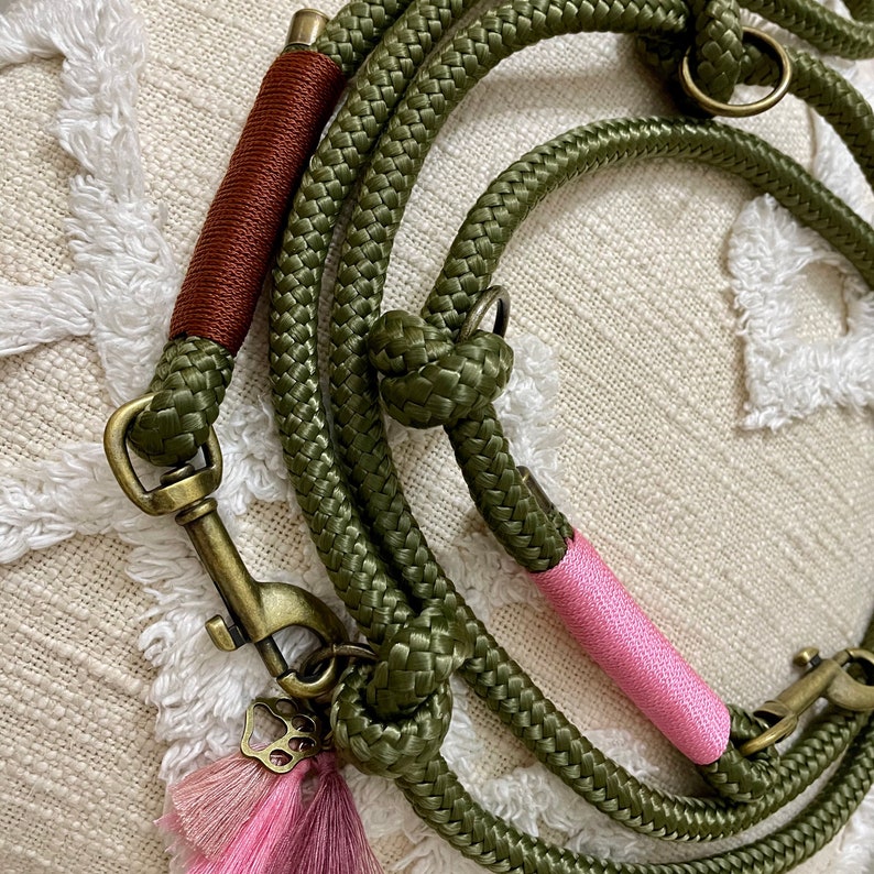 May include: A green, brown, and pink rope dog leash with a brass clasp and a pink tassel.