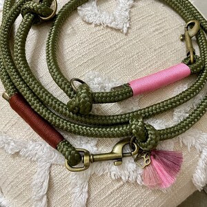 May include: A green rope dog leash with two metal clasps and a pink and brown tassel.