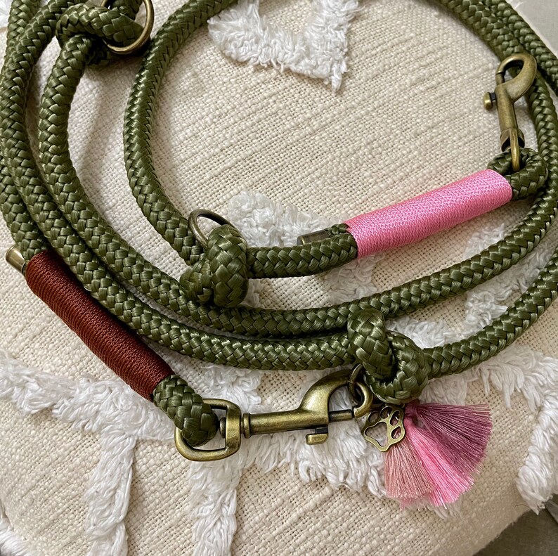 May include: A green rope dog leash with two metal clasps and a pink and brown tassel.