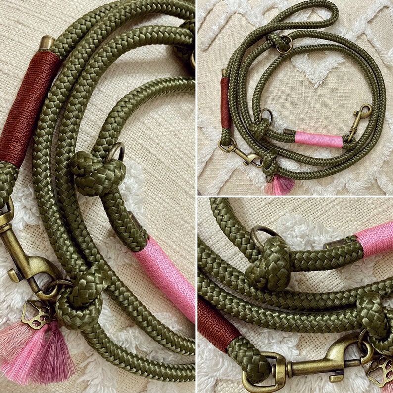 May include: A green and pink dog leash with a tassel. The leash is made of thick rope and has a metal clasp.