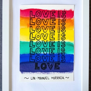 Love Is Love rainbow hand-printed A4 linocut — charity print