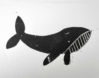 Whale hand-printed linocut card