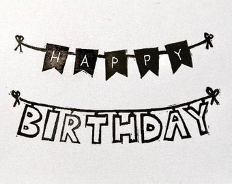 Birthday banner hand-printed linocut card