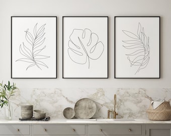 Set of 3 Floral Line Art Prints, line art, monochrome prints, leaves line art, set of prints for home, contemporary trio prints, scandi home