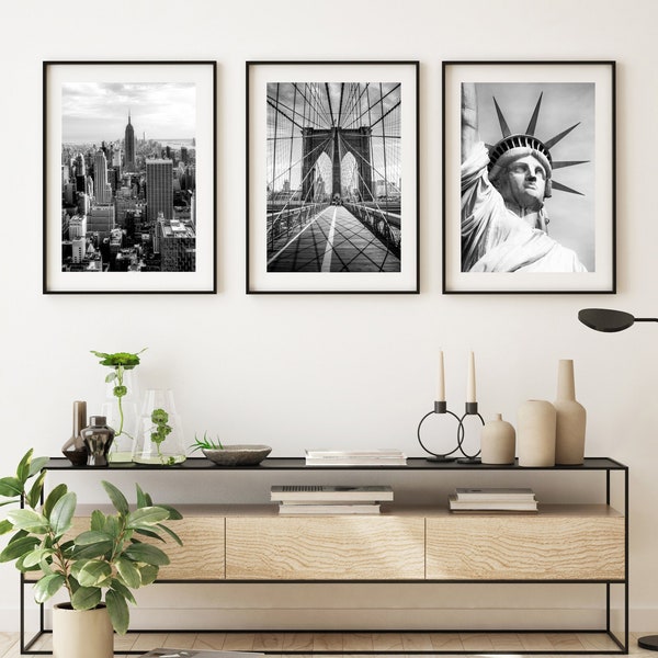 Set van 3 zwart-witte New York City-prints, NYC-prints, moderne monumentale posters van New York, monochrome NYC-prints