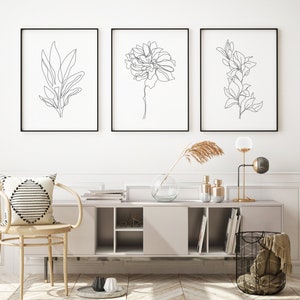 Set of 3 Floral Line Art Black And White Prints. Home Wall Decor Art Trendy Framing