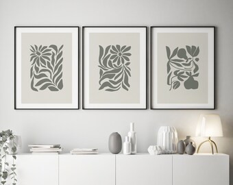 3er Set moderne abstrakte florale Kunstdrucke. Wanddekoration für Zuhause. Abstrakte mutige zeitgenössische Kunst handgefertigt auf Bestellung