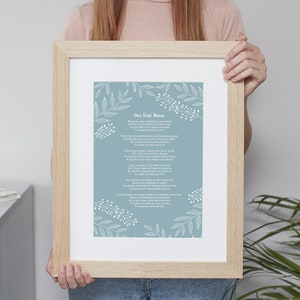 Blue Floral Personalised Words Print. Use Your Own Poem, Lyrics. Unframed Poster A4, A3, A2. Custom Made. Anniversary Paper Gift